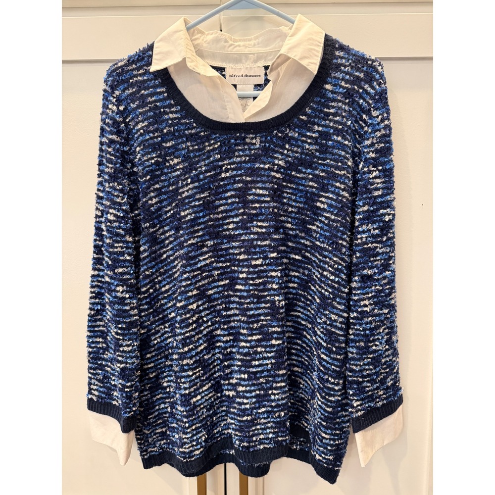 Alfred Dunner Womens Blue Textured Layered Look Sweater White Collar Size Medium